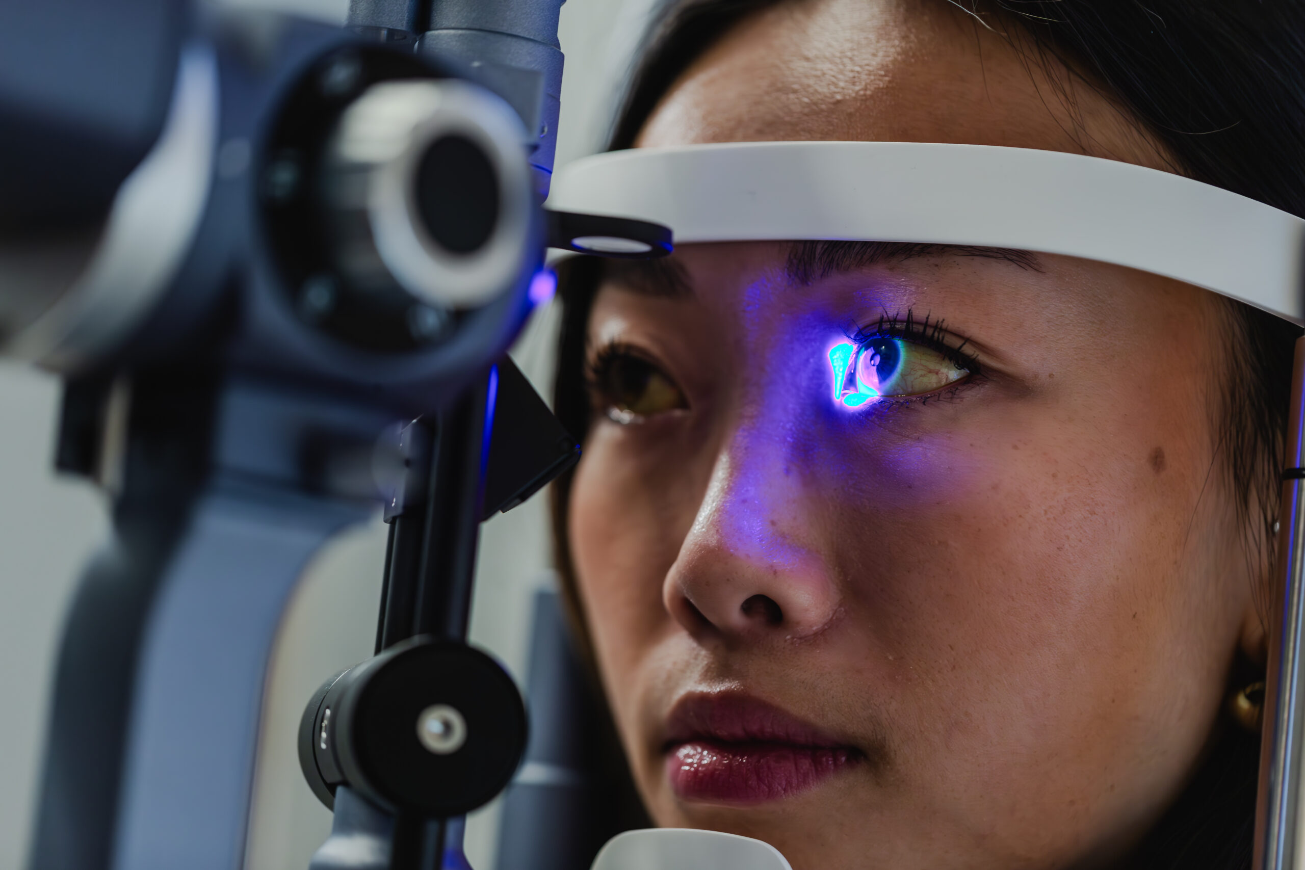 A woman gets her left eye examined by a instrument shining light into it.